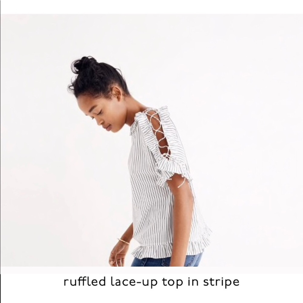 Madewell ruffled lace up top, striped.